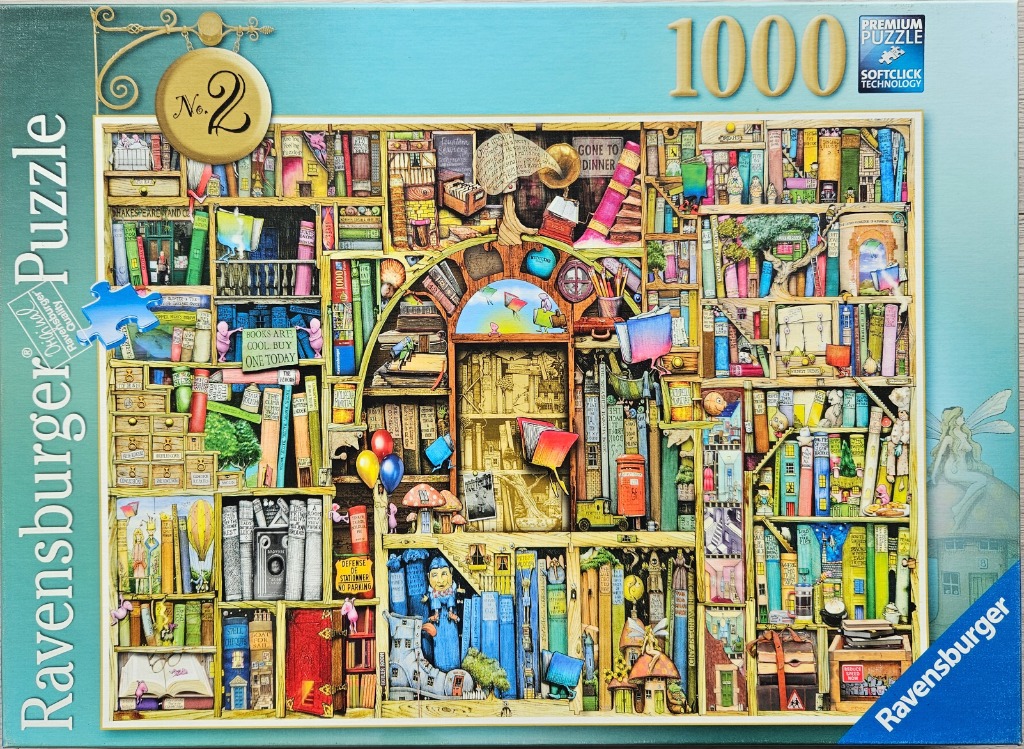 An intricate illustration of a whimsical, multi-storied library filled with books, hidden creatures, and magical elements.
