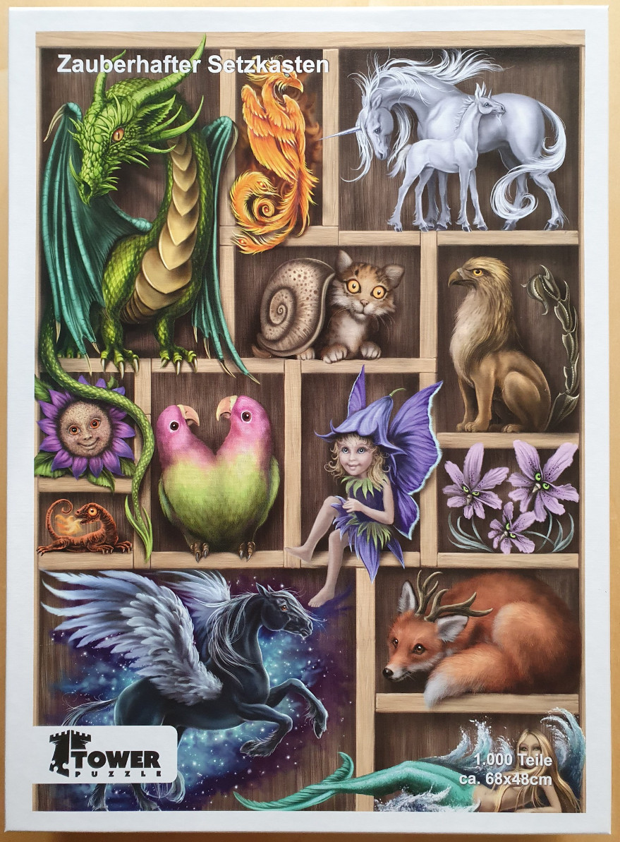 A wooden display shelf filled with various mythical creatures, including a dragon, unicorn, phoenix, and fairy.