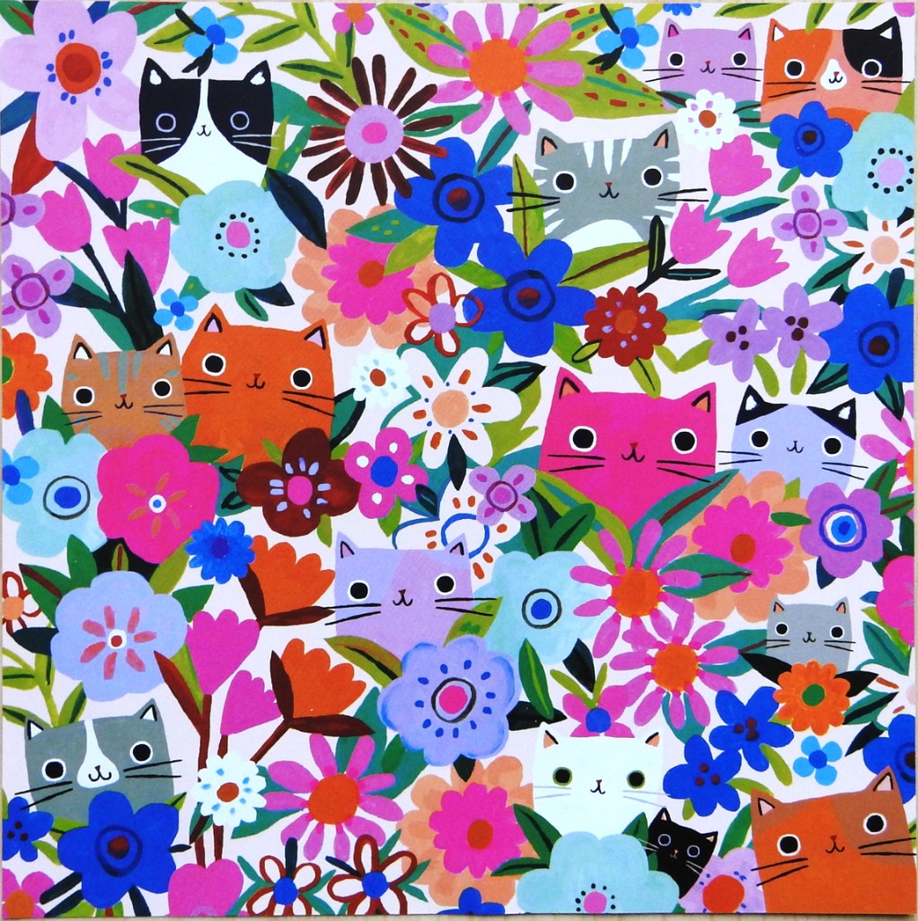 Whimsical pattern featuring cats of various colors peeking through a dense field of colorful, stylized flowers.