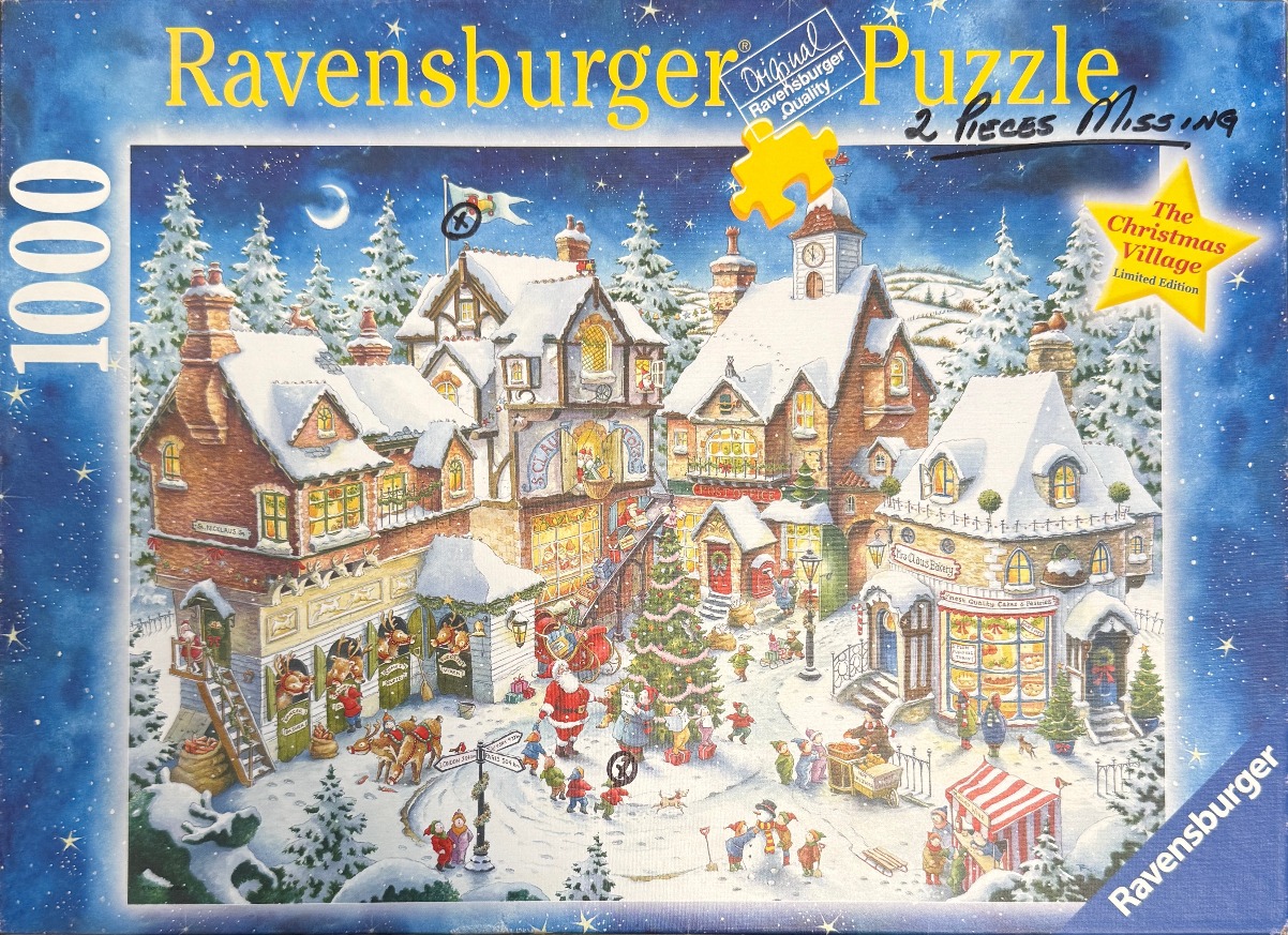 A whimsical Christmas village scene at night with snow-covered buildings, a decorated tree, and Santa Claus.