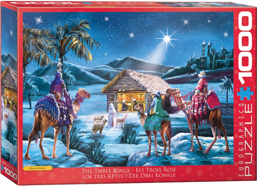 A painted scene of the Three Kings arriving at a stable in a snowy desert landscape under a bright star.