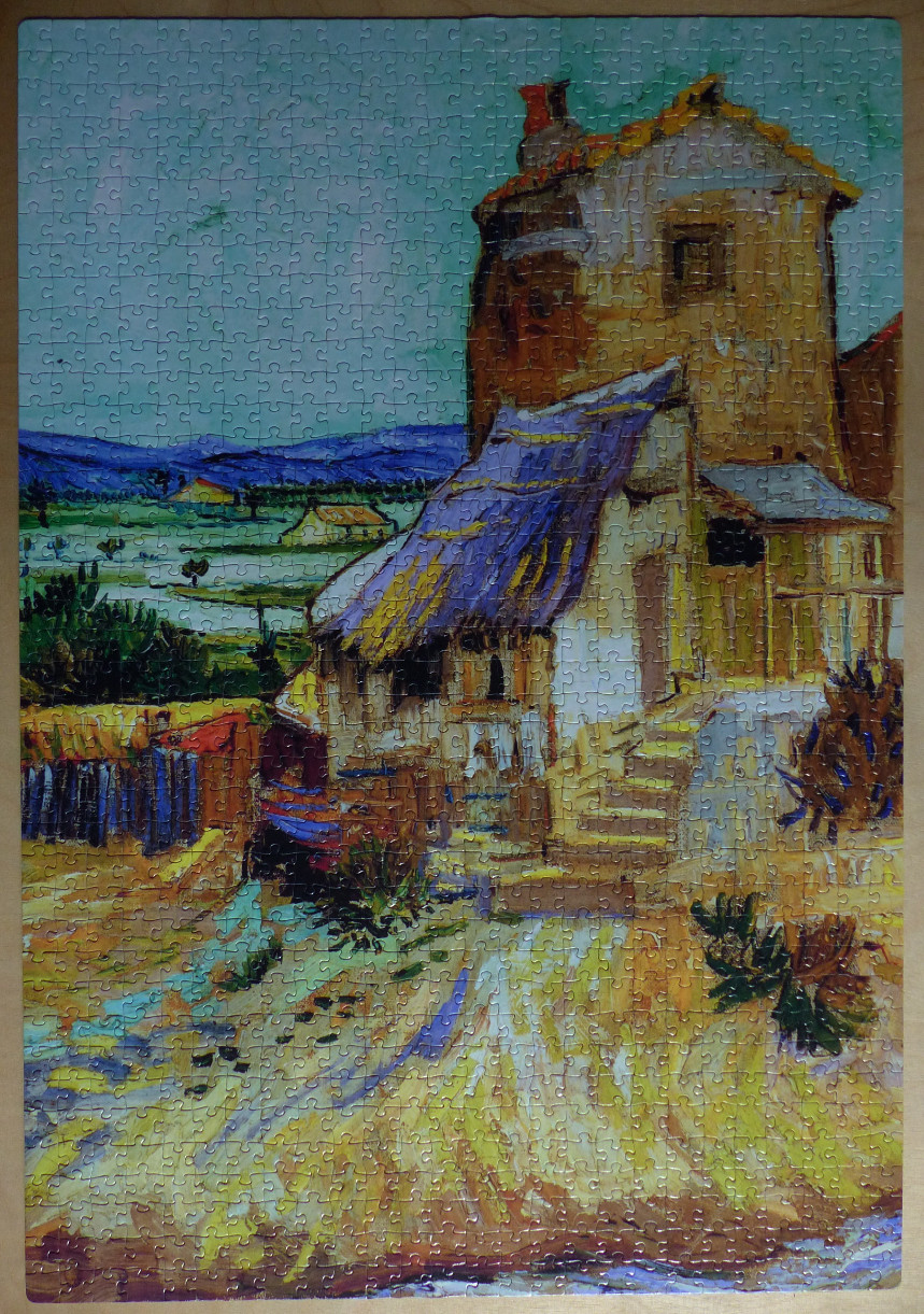 A post-impressionist painting of a rustic farmhouse at dusk, featuring a golden-hued building under a blue sky.