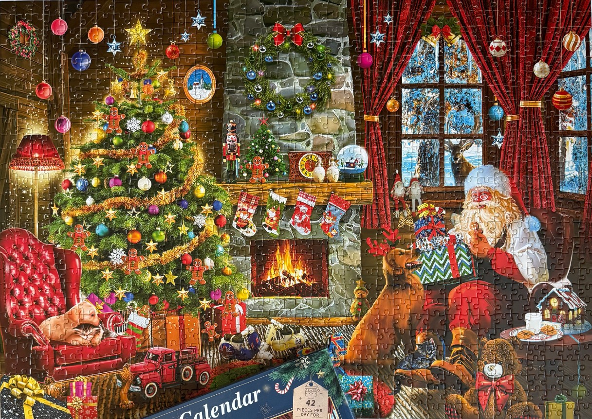 A cozy, festive Christmas living room scene featuring a decorated tree, a fireplace, and Santa Claus with his pets.