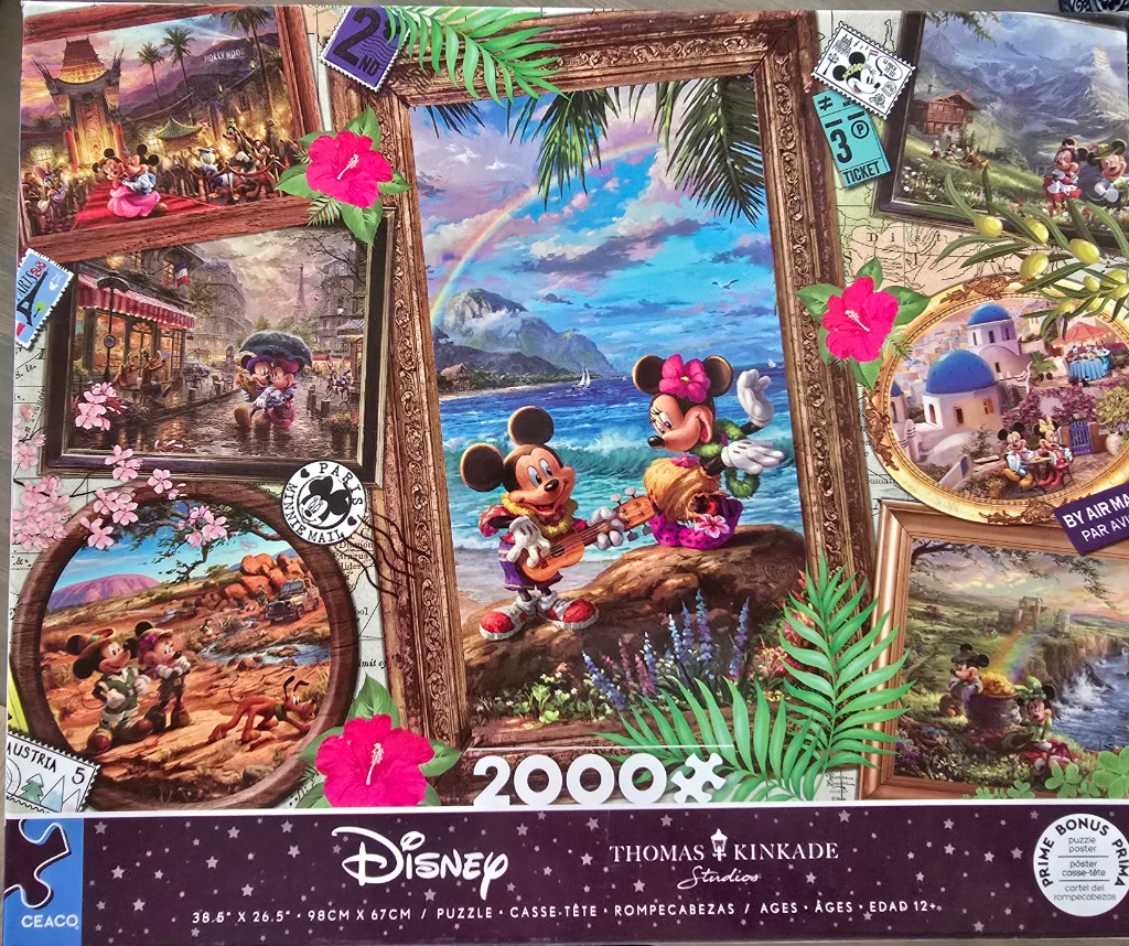 Mickey and Minnie Mouse depicted in various travel-themed vignettes framed on a map background.
