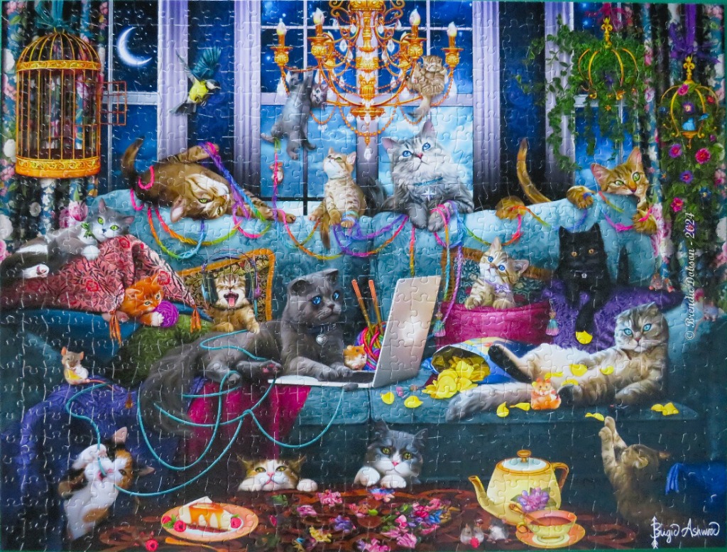 A whimsical illustration of many cats playing in a living room at night with a chandelier and a crescent moon.