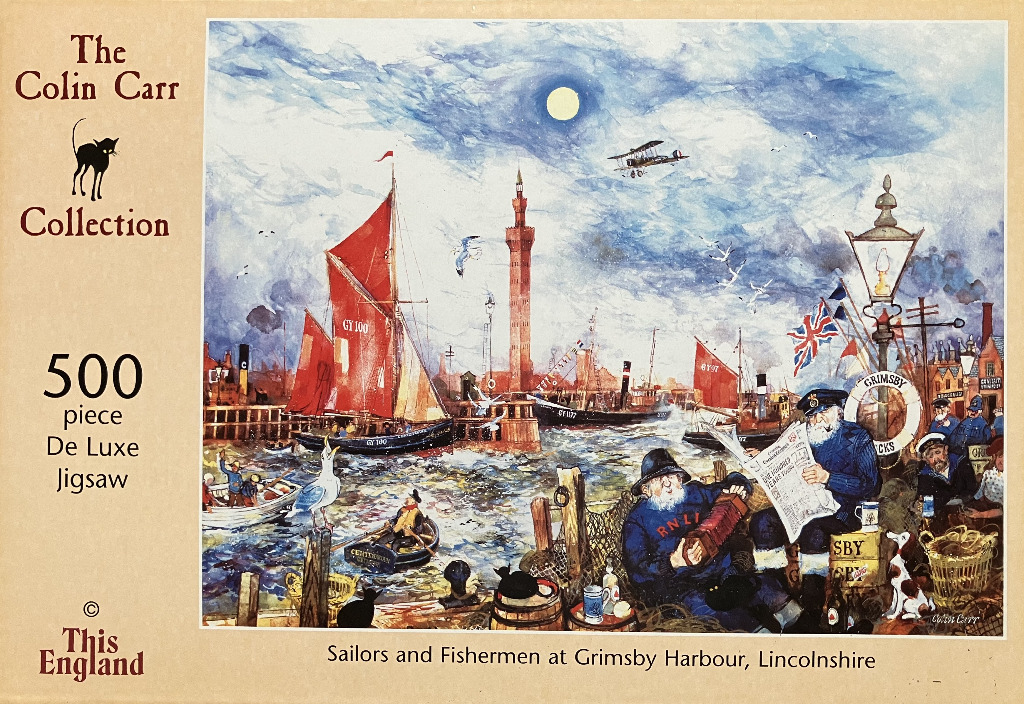 Painting of sailors, fishermen, and historic vessels at Grimsby Harbour in Lincolnshire.