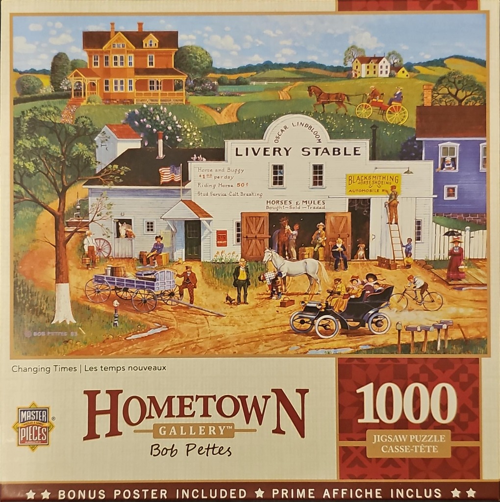 A nostalgic painting of a 19th-century livery stable with a dirt road, horse-drawn buggies, and an early automobile.