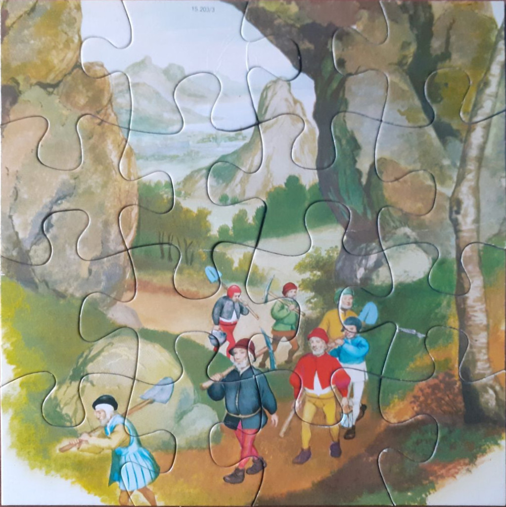 An illustration of a group of medieval workers carrying tools along a path in a mountainous landscape.