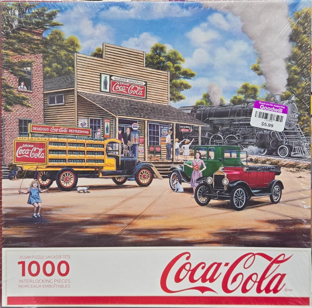 A nostalgic painting of a vintage general store, a steam train, and early 20th-century vehicles.