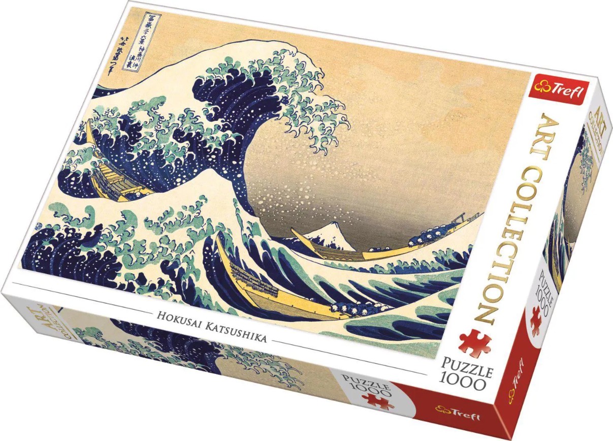 The Great Wave off Kanagawa by Hokusai featuring a towering blue wave threatening three long boats against a beige sky.