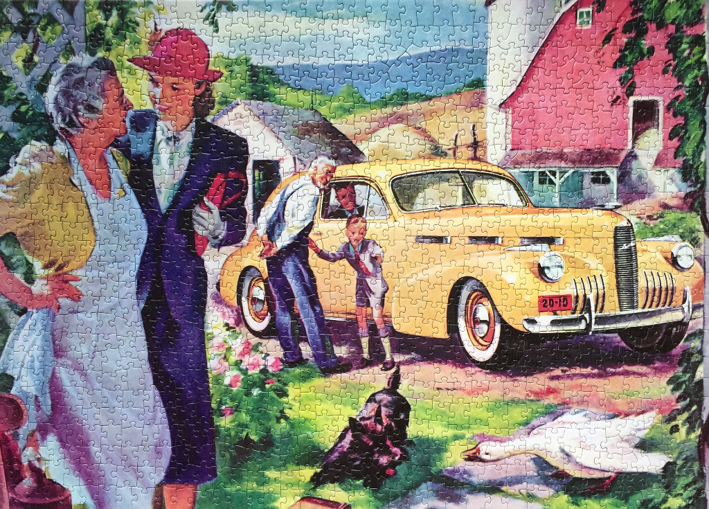 A vintage illustration of a family gathered around a bright yellow car at a farm.