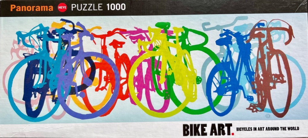 An artistic illustration of multiple overlapping bicycles in bright, varied colors against a light blue background.