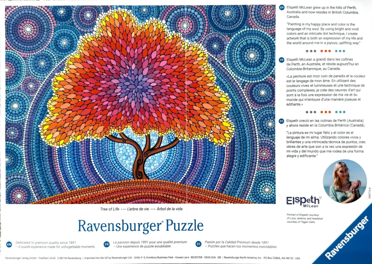 A vibrant dot-art illustration of a tree with a fiery canopy set against a background of concentric blue circles.