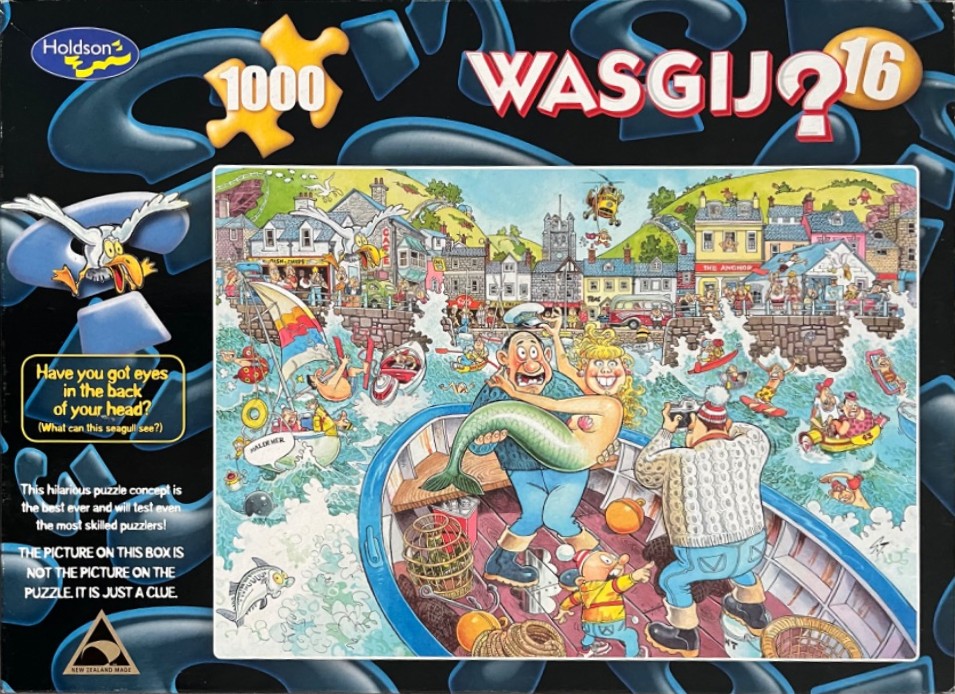 A comedic cartoon illustration of a chaotic seaside scene involving a fisherman holding a mermaid.