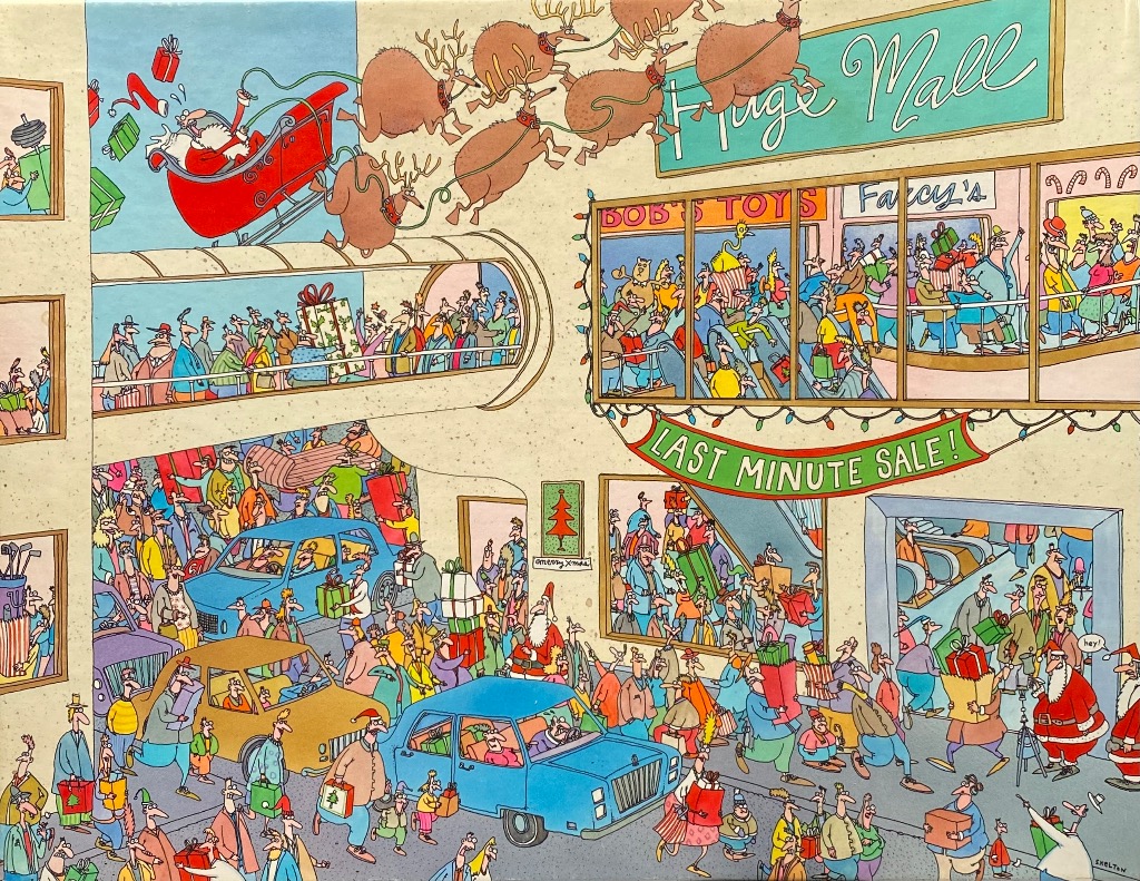 Cartoon illustration of a chaotic, crowded shopping mall scene at Christmas with Santa and his reindeer flying overhead.