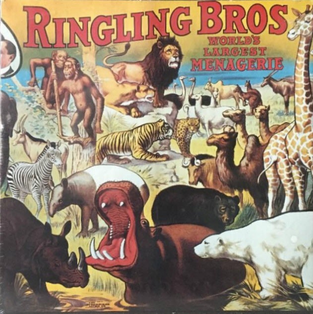Vintage circus-style illustration featuring a large group of wild animals including a lion, giraffe, and rhinoceros.
