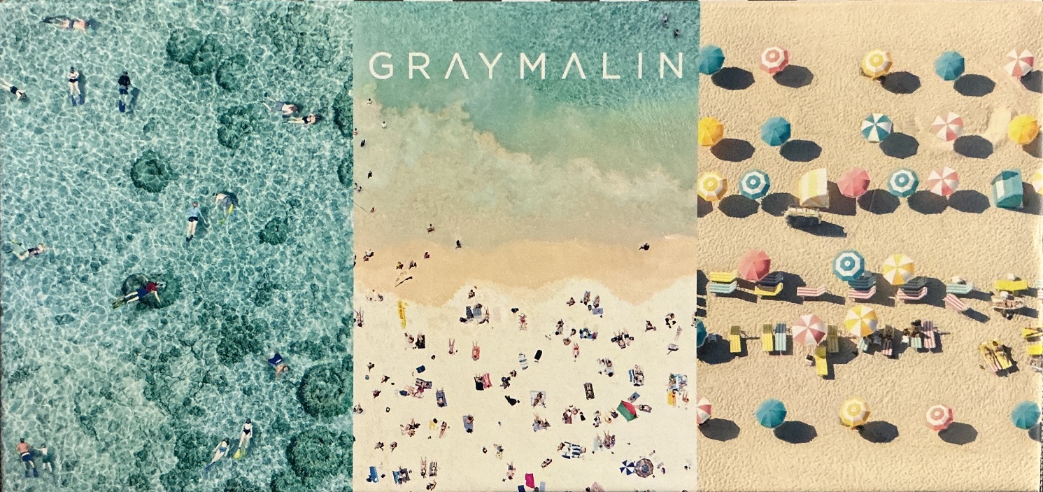 A triptych aerial photograph showing people swimming in clear turquoise water, a sandy beach, and rows of beach umbrellas.