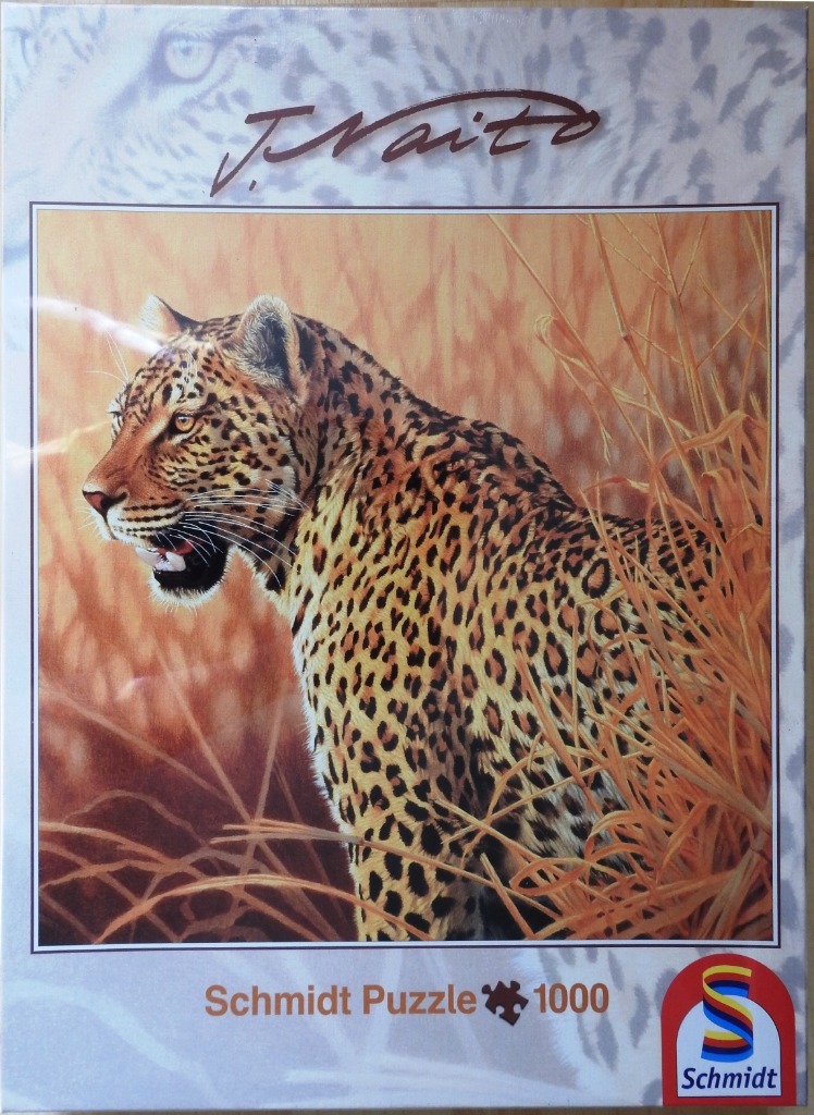A realistic painting of a leopard emerging from tall golden grass.