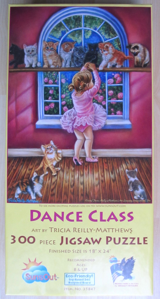A young girl in a pink tutu stands on tiptoe reaching for a row of kittens perched on a windowsill.