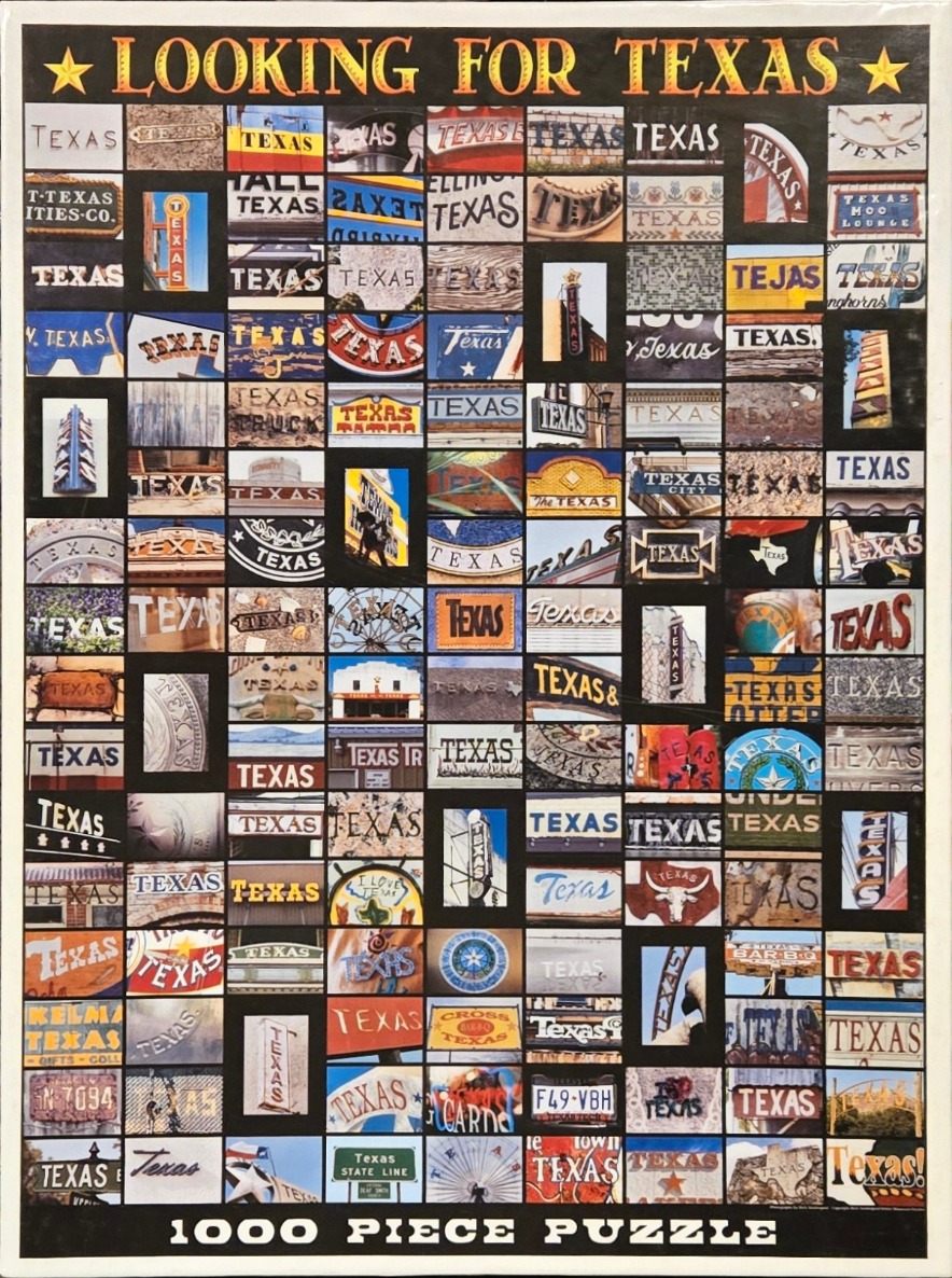 A collage of 108 different signs, logos, and images depicting the word Texas.