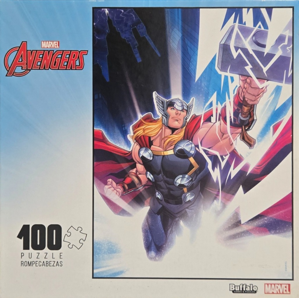 Comic book style illustration of Thor raising Mjolnir against a dark city background