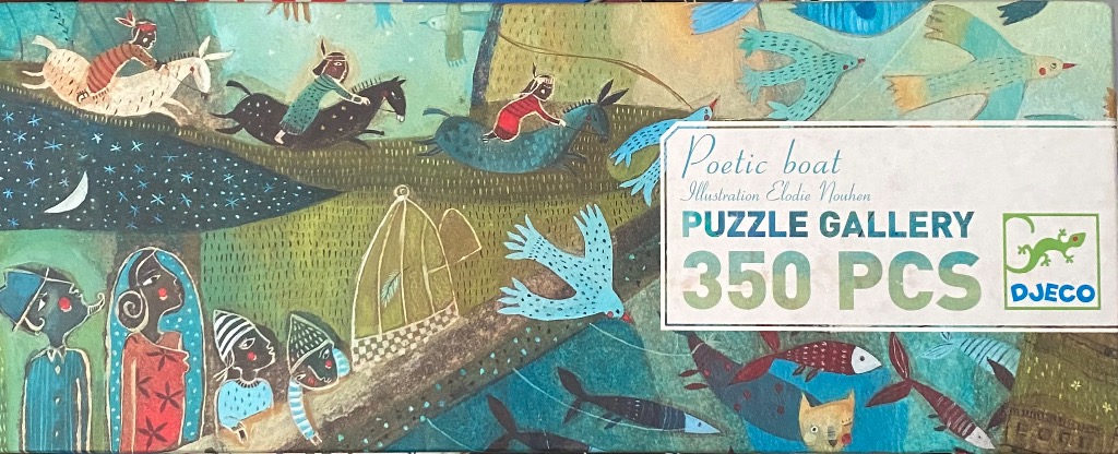 Whimsical folk-art illustration featuring riders on horses, birds, fish, and stylized figures in a night landscape.