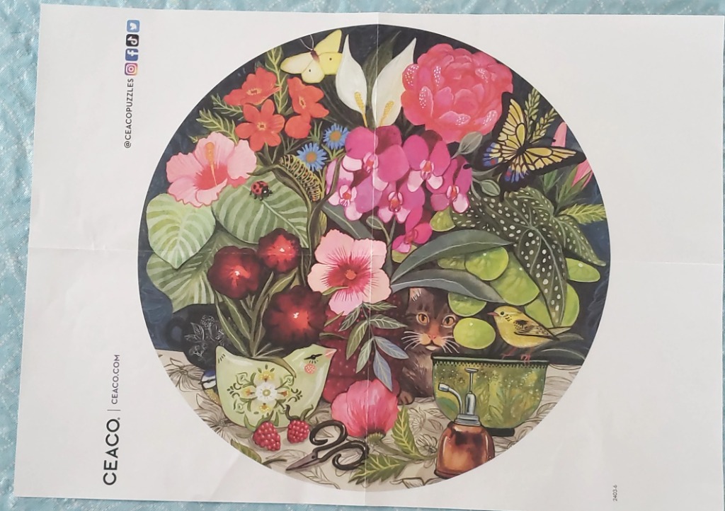 A lush botanical illustration featuring a hidden cat among colorful flowers, greenery, butterflies, and garden tools.