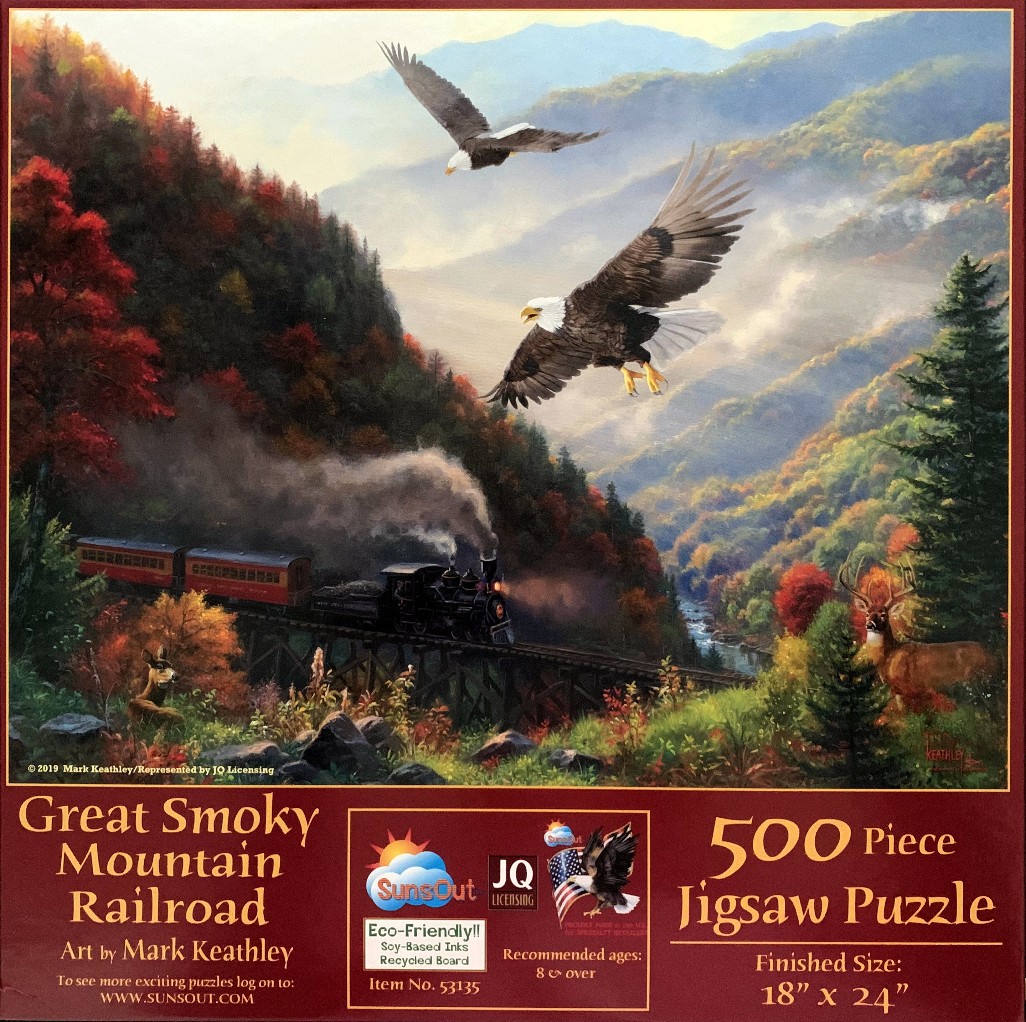 Oil painting of two bald eagles soaring over a steam train traversing a mountain landscape in autumn.