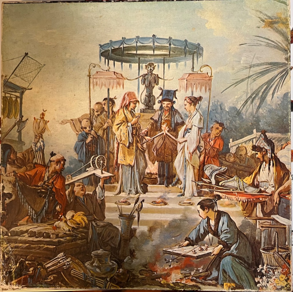 Orientalist-style oil painting of a ritualistic scene with figures and a central monkey statue under a canopy.