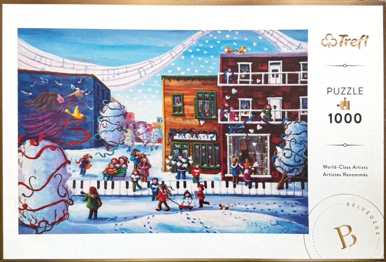 Whimsical folk art painting of a snowy city street where a piano keyboard serves as a sidewalk.