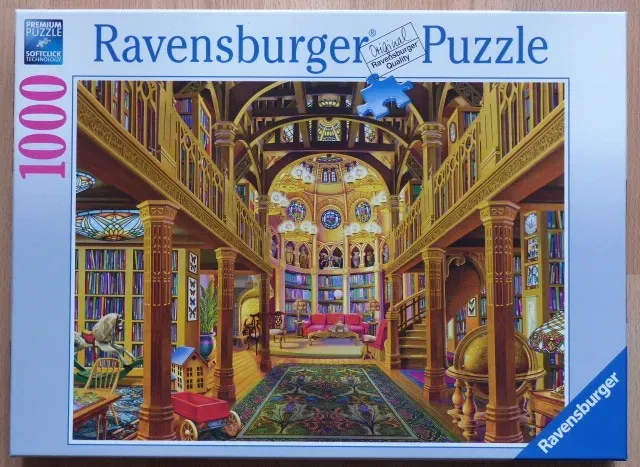 An illustration of a grand, multi-level Victorian-style home library with a central rotunda and warm golden lighting.