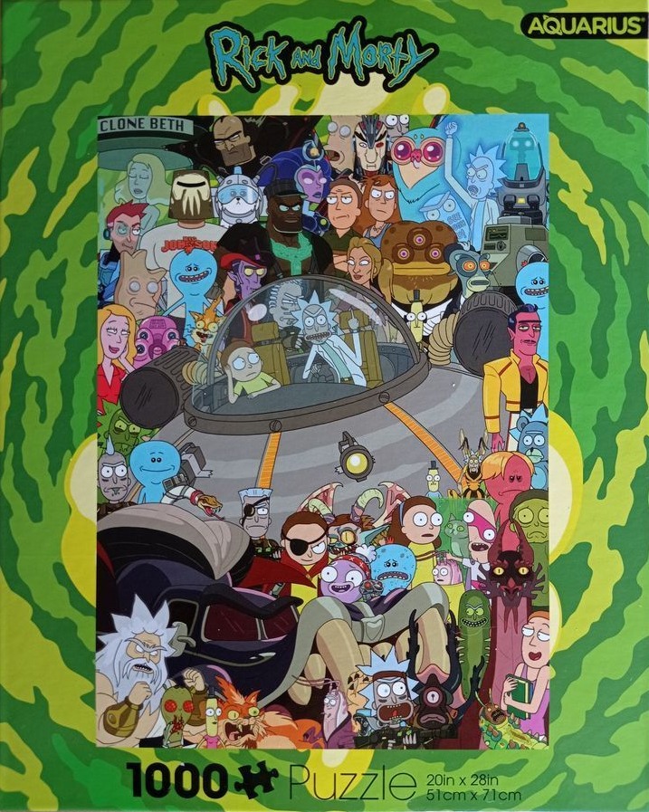 A montage of various characters from the Rick and Morty animated series centered around a spaceship.
