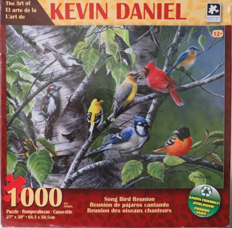 A realistic wildlife painting of seven colorful songbirds perched on a silver birch tree.