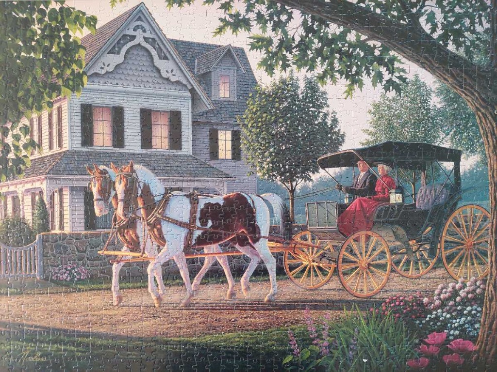 An elderly couple riding in a horse-drawn carriage past a Victorian home in an impressionistic art style.
