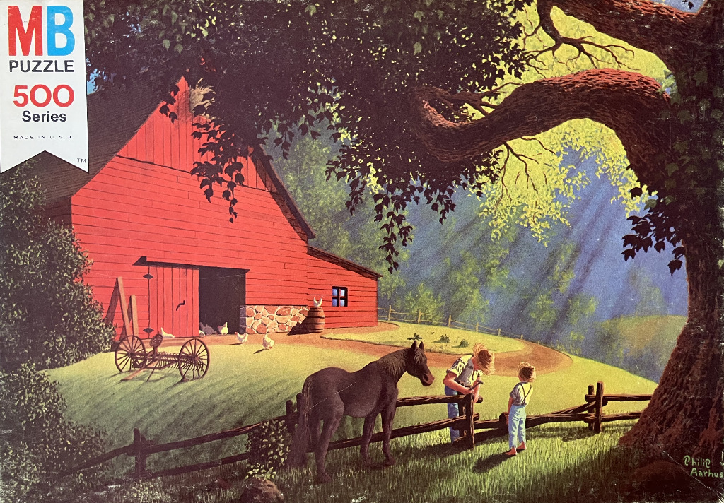 A pastoral painting of a red barn, a dark horse, and two children standing by a wooden fence under a large oak tree.