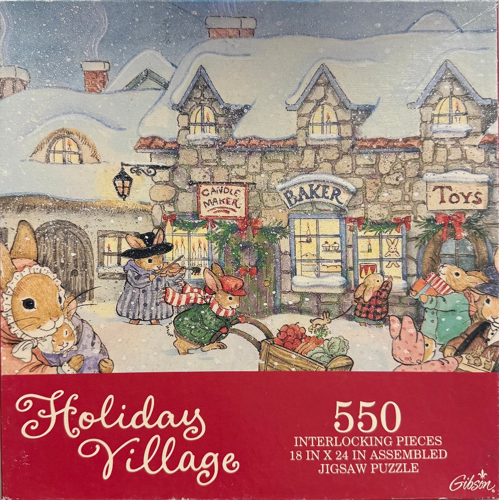 A whimsical illustration of anthropomorphic bunnies shopping in a snow-covered village during the holiday season.