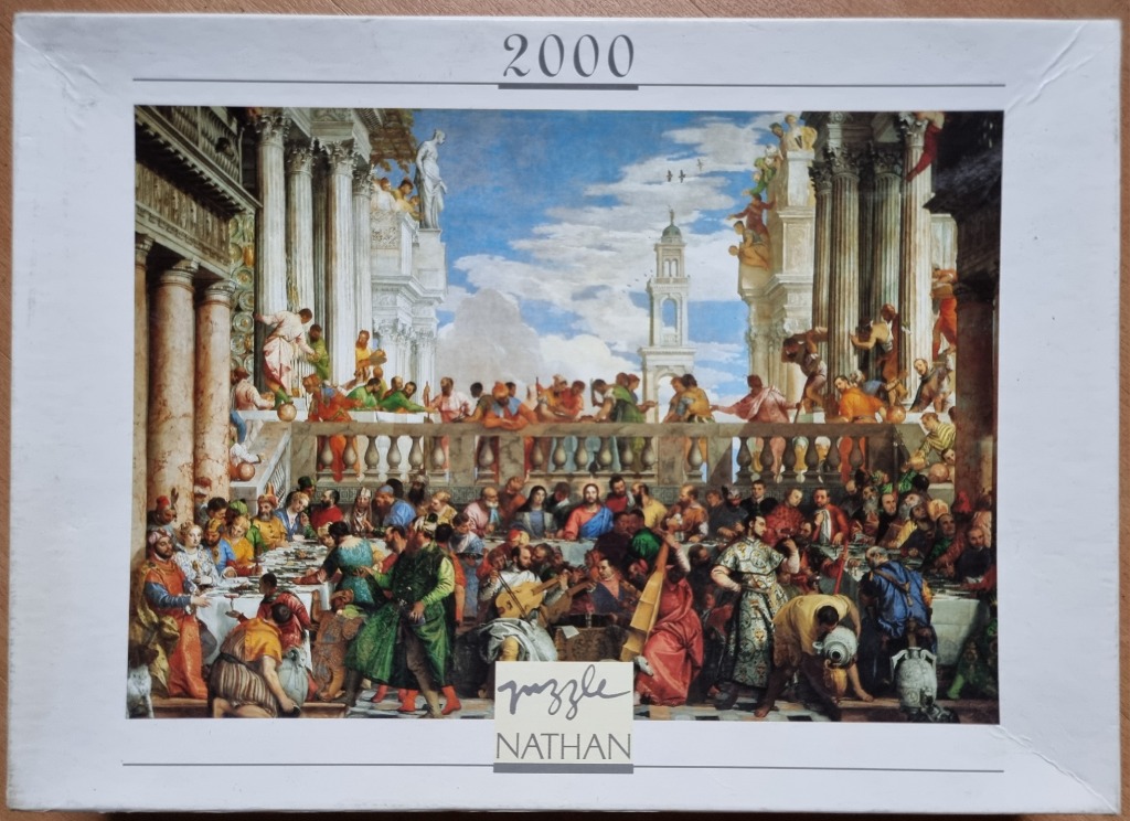 A classical oil painting depicting a grand banquet in a Roman architectural setting with many figures.