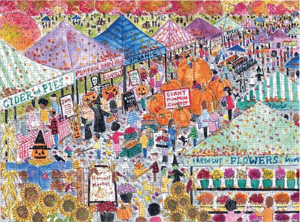 A busy autumn harvest festival scene filled with colorful market stalls, pumpkins, and people in costumes.