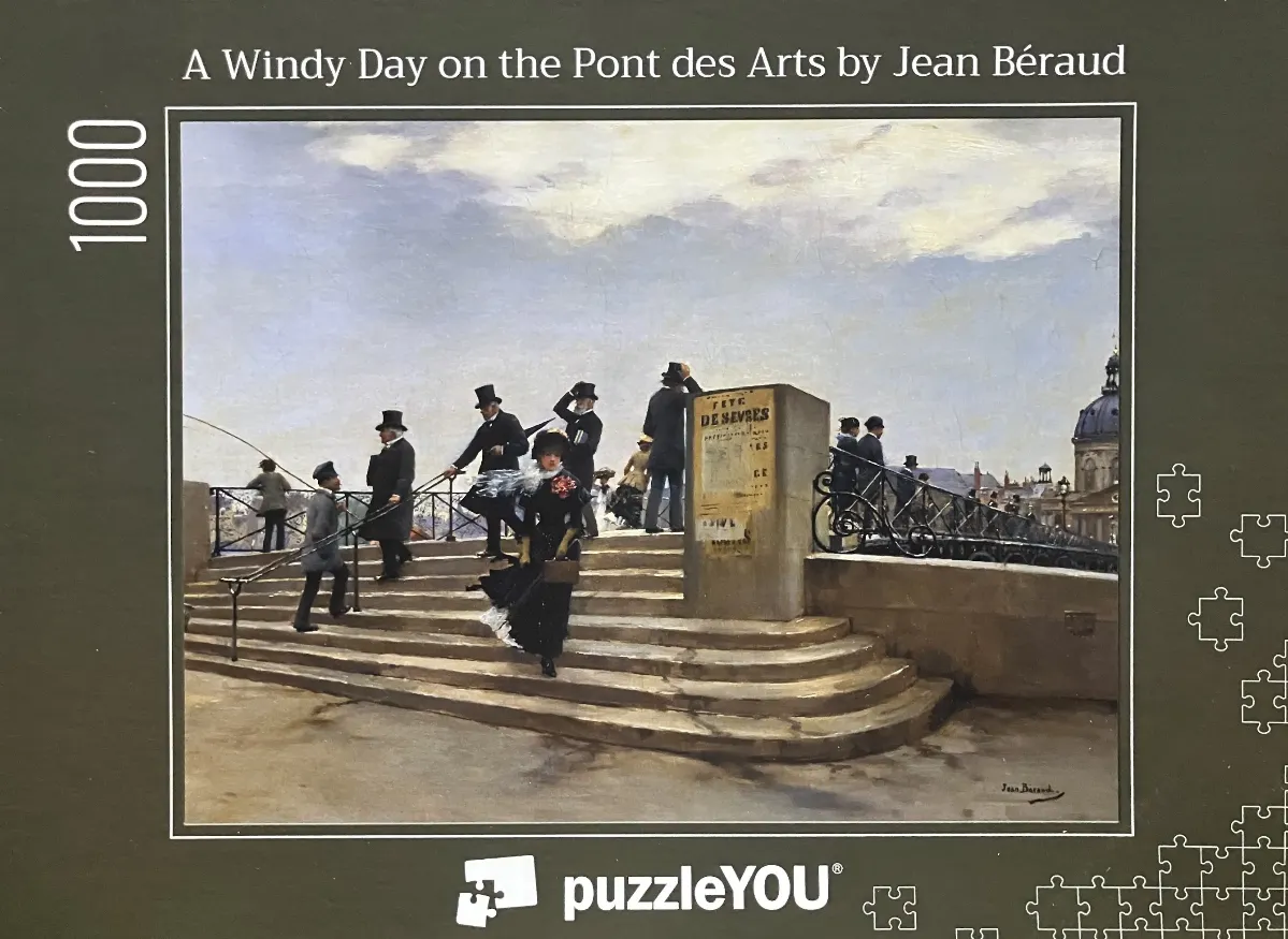 Oil painting of people in 19th-century attire walking up steps on the Pont des Arts in Paris.