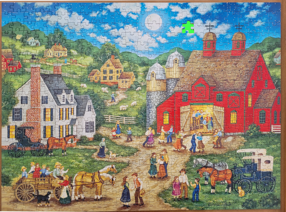 Folk art scene of a rural barn dance at night with horse-drawn carriages and figures in colonial-style clothing.