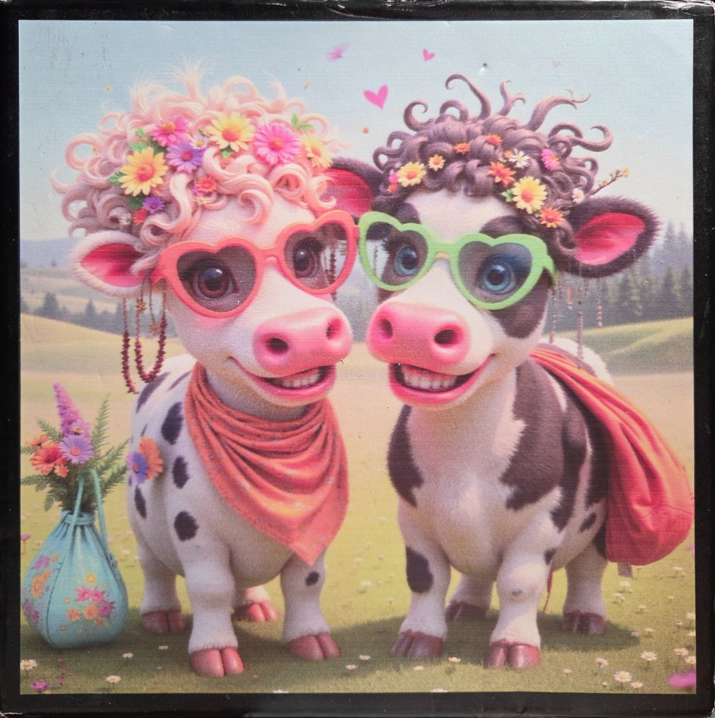 Two cartoon-style cows wearing heart-shaped glasses and floral wreaths standing in a sunny meadow.