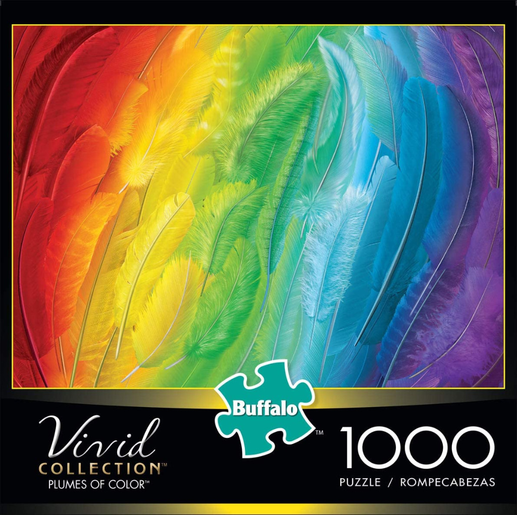 A vibrant, rainbow-colored gradient of overlapping, soft-focus feathers.