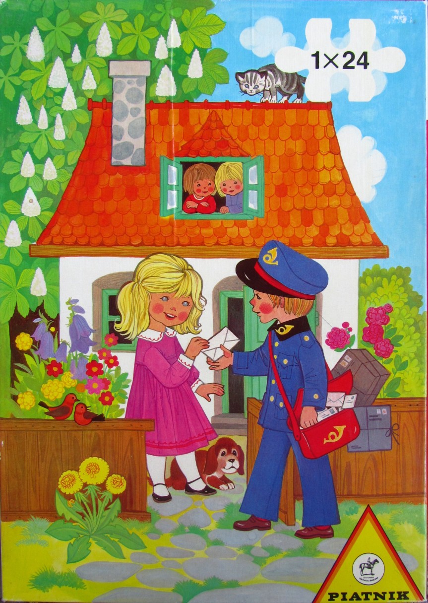 A whimsical illustration of a mail carrier delivering a letter to a young girl in front of a cottage.