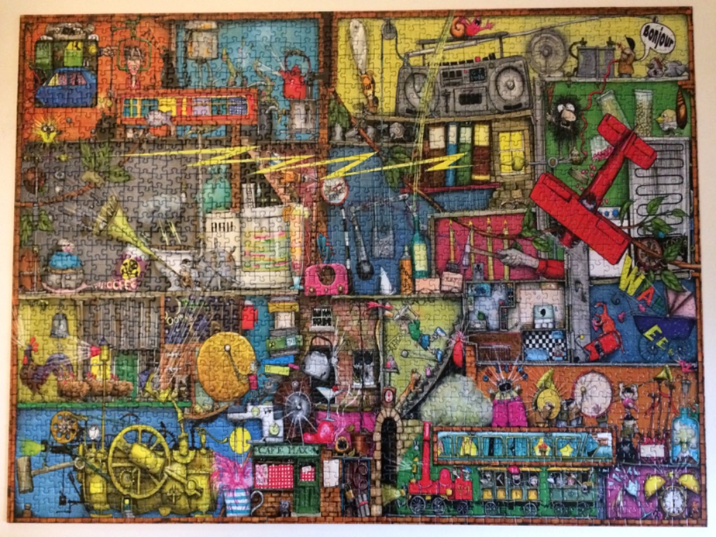 A chaotic, whimsical cartoon illustration depicting a complex cross-section of a multi-room house filled with quirky items.