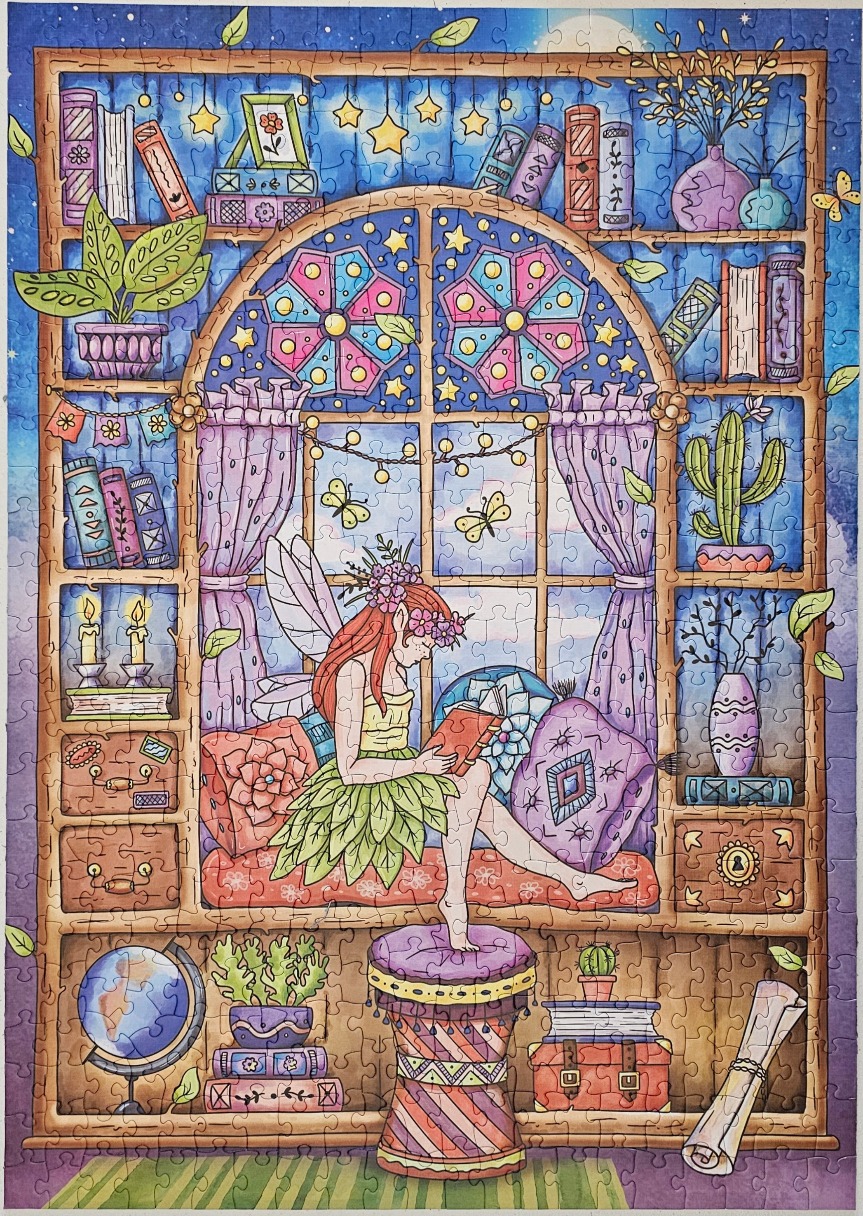Fairy reading a book in a cozy, whimsical room filled with books and colorful decor.