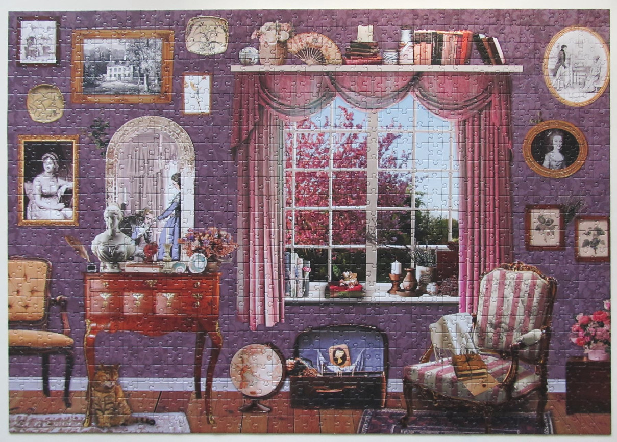 A cozy, vintage-style room with purple walls, a window view of cherry blossoms, and classic furnishings.