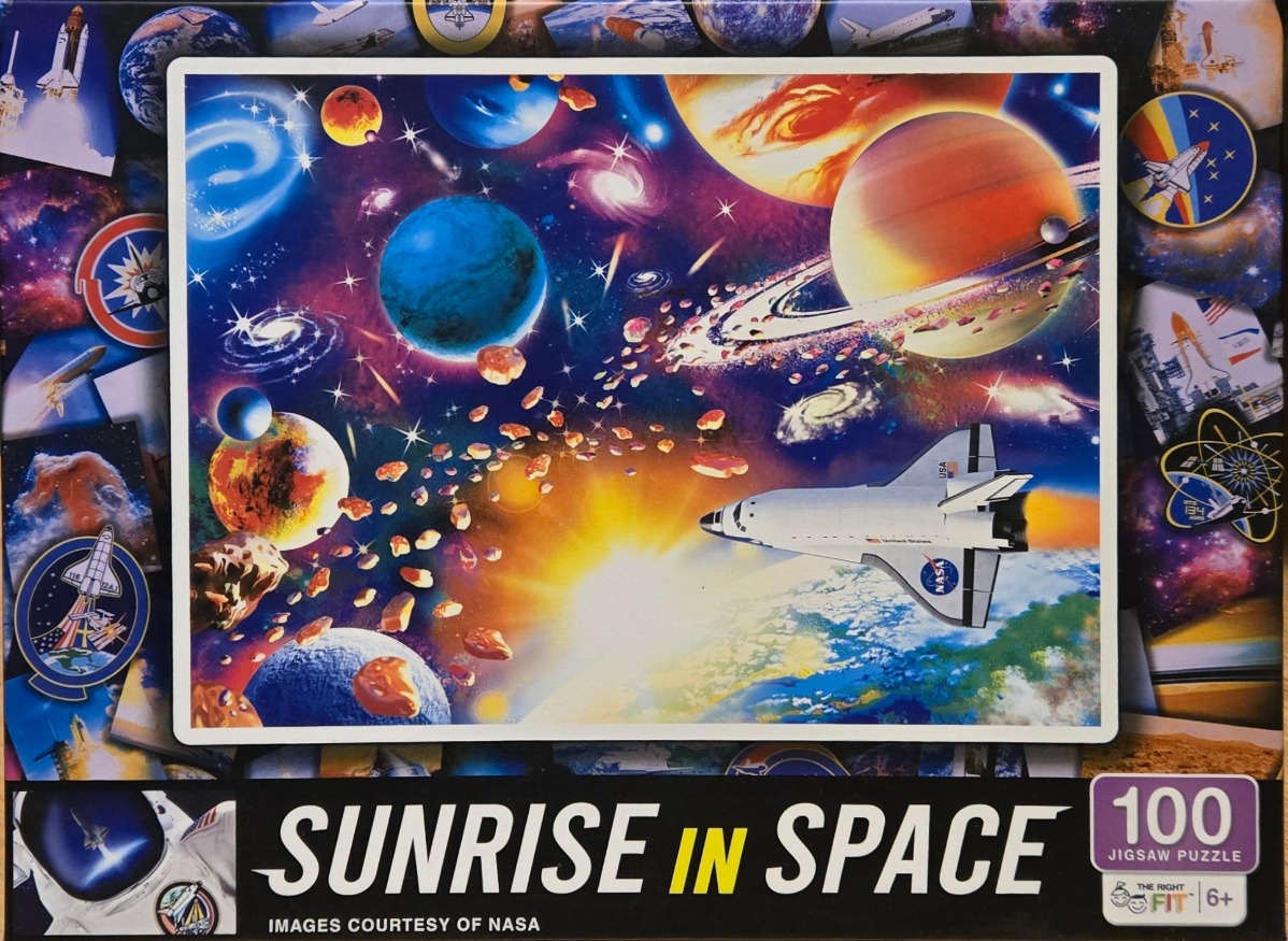 A space scene with a space shuttle, a bright sunrise, planets, and an asteroid field against a deep blue starry sky.