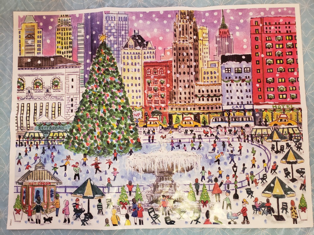 Watercolor illustration of a snowy city square with an ice rink, a large Christmas tree, and urban buildings.