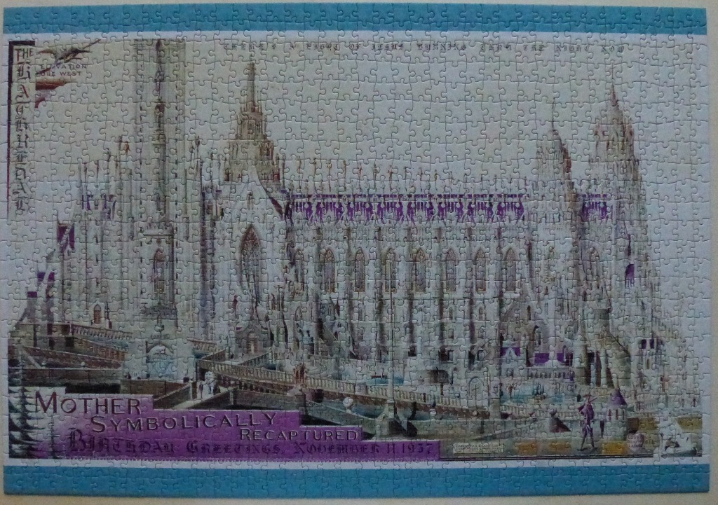Architectural illustration of a cathedral with text overlays and a blue border