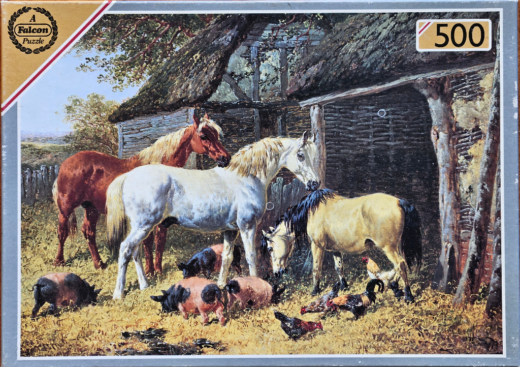 A detailed painting of horses, pigs, and chickens gathered in a farmyard by an old barn.